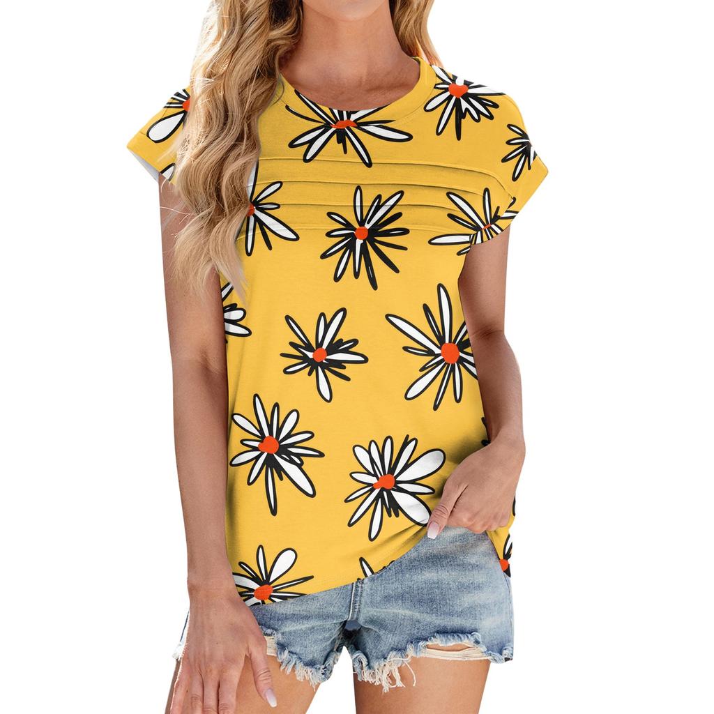 Damenmode Lässig Kurzarm Basic Textur Floral Rundhals T-Shirt Kappenärmel Top