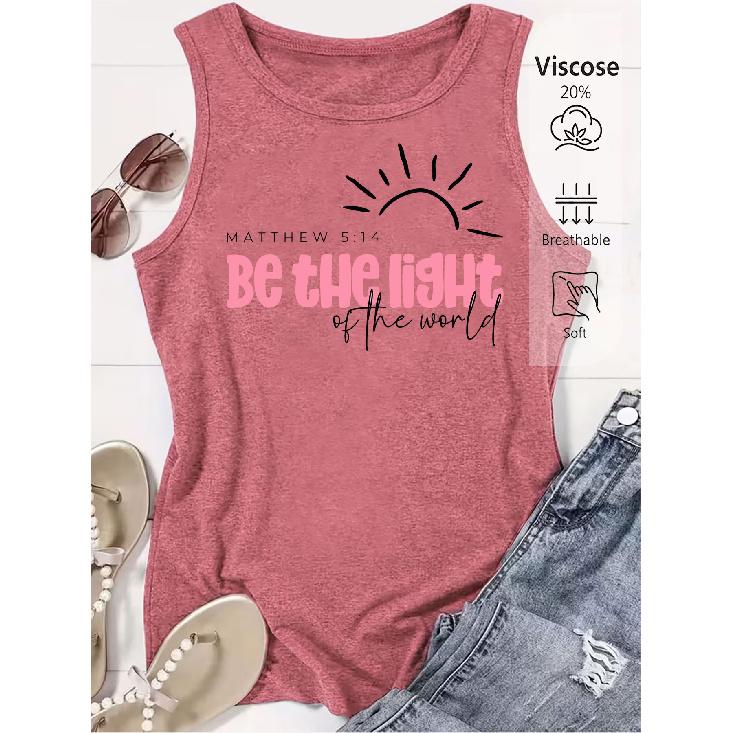Women s sleeveless tank top with  Be the Light  and sun print, premium quality, stylish and fun, great for spring and summer. S
