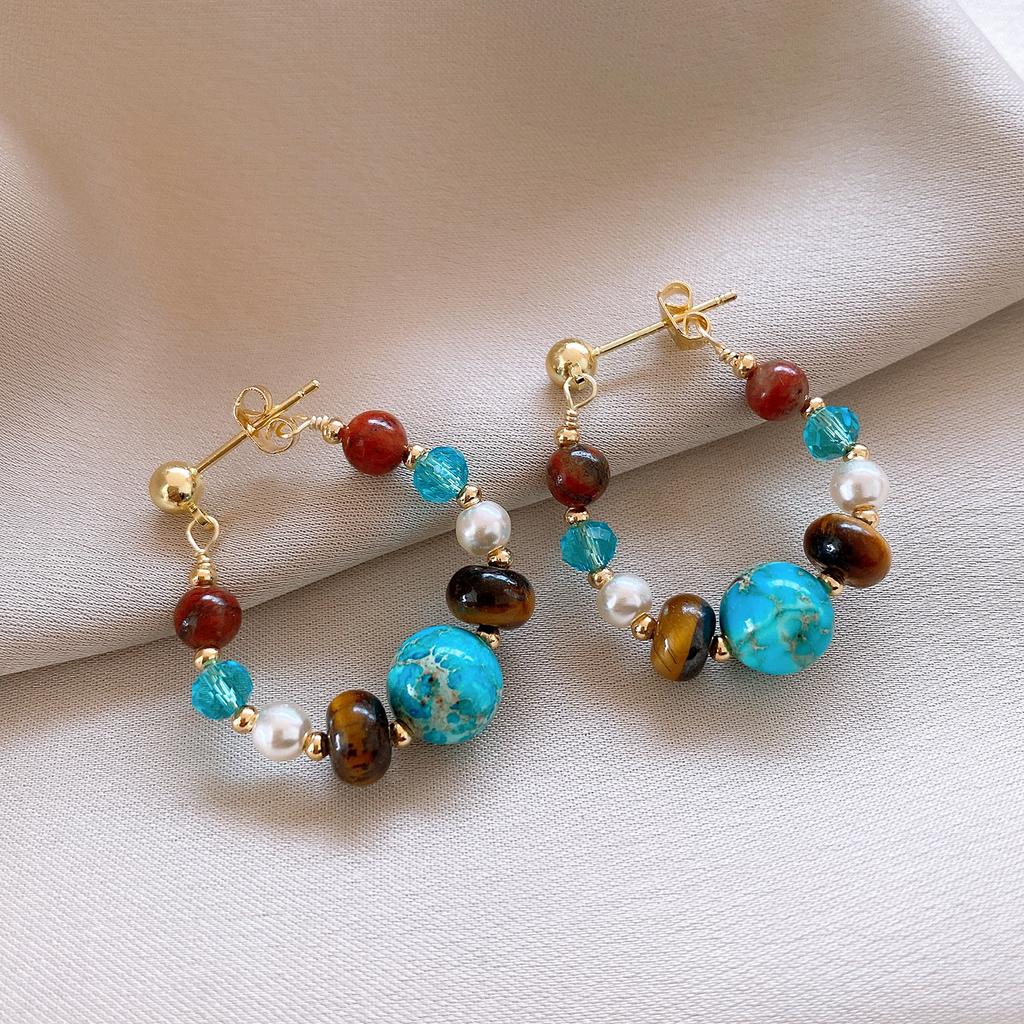 Ethnic Style Faux Turquoise Earrings Water Droped Textured Beaded Earringdrop Ear Jewelry Accessory Irregular Stone