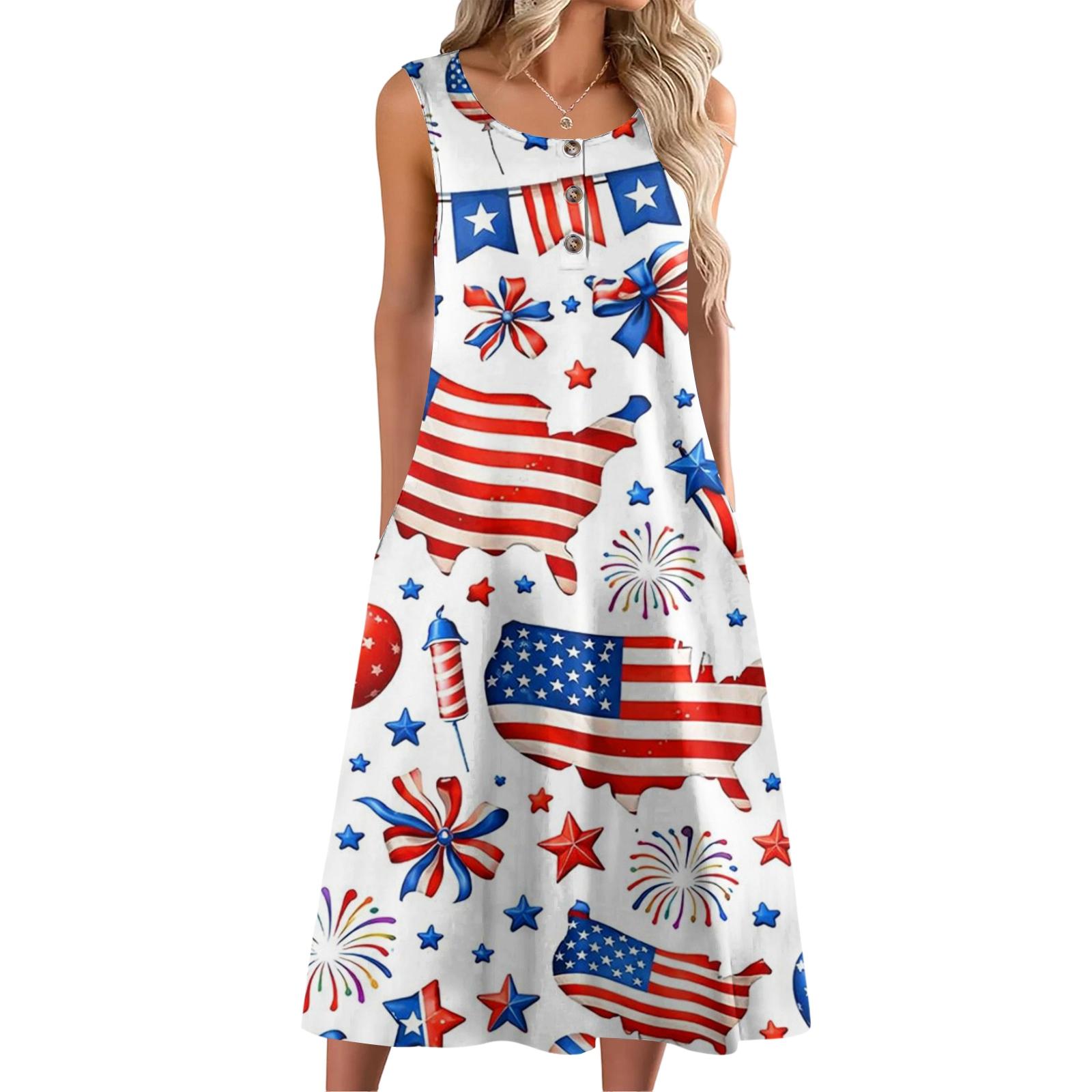 

Women Fashion Casual Sleeveless Button Independence Day Printed Dress With Pocket M