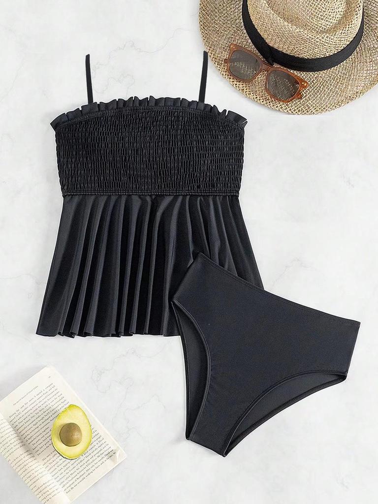 2025 European & American Women's Sexy Halterneck Tummy Control Black Two-Piece Bikini Skirt