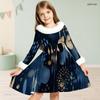 Girls Fur Trim High Neck Long Sleeve Watercolor Printed A Line Flared Dress With Waist Bow