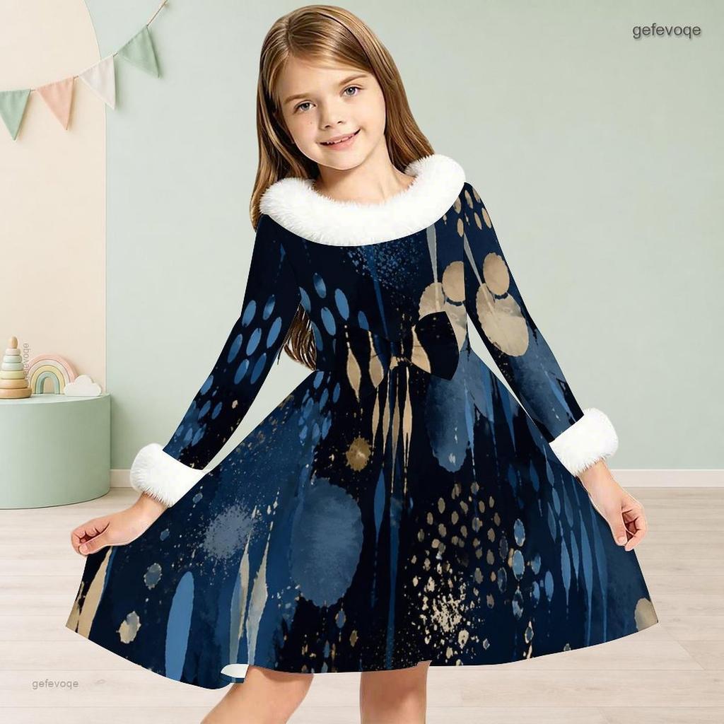 Girls Fur Trim High Neck Long Sleeve Watercolor Printed A Line Flared Dress With Waist Bow