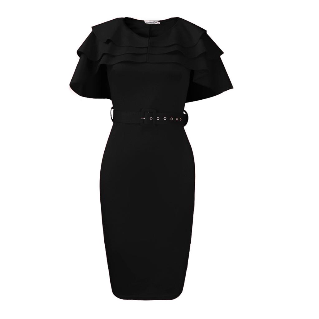 Großes Damen-Sommermode-Rüschenkleid, einteiliges, einfarbiges Etuikleid mit Gürtel