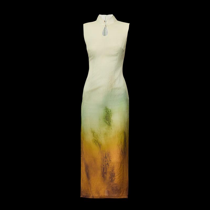 HECO "Emerald Ink Landscape" New Chinese Style Gradient Tie-dye Qipao Dress