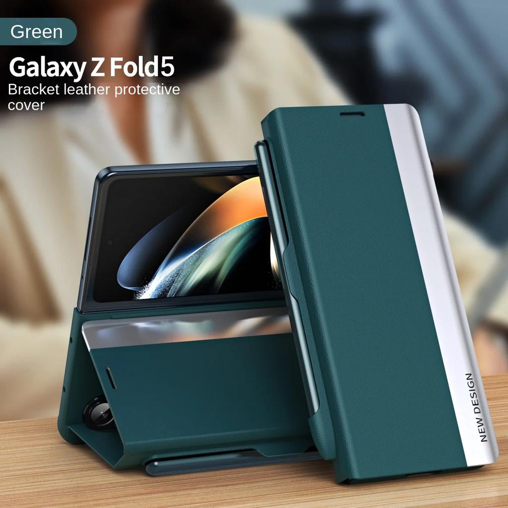 Leather Electroplating Holder Pen Slot Tape Phone Case for Samsung Galaxy Z Fold 6 5 4 3 Fold5 Fold4 Fold3 Magnetic Flip Cover
