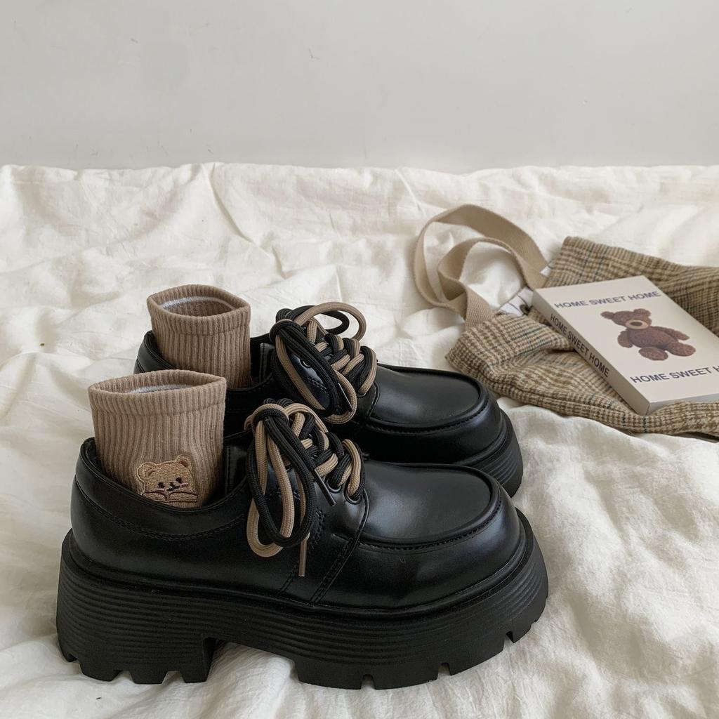 Lace-up black small leather shoes women's autumn 2025 new versatile thick-soled heightening British style thick-heeled retro single shoes