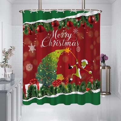 1pc Merry Christmas Print Waterproof Shower Partition Hanging Curtain with 12 Hooks Multiple Sizes Machine Washable