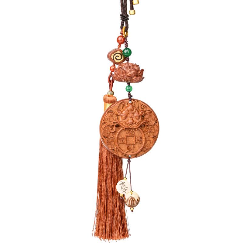Rosewood & Peach Wood Car Pendant with Buddha/Guanyin Plaque - High-End Tassel Car Decoration