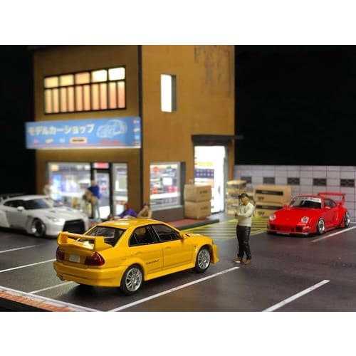 1/64 Scale Diorama Car Garage Model with City Background, Parking Lot, LED Lighting, Landscape Model Toy