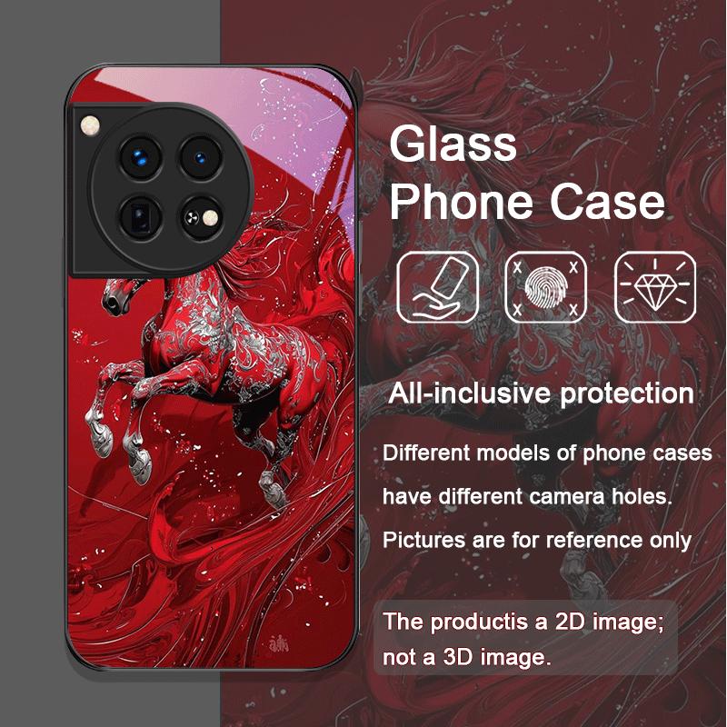 Stylish Chinese-Style Red Horse Print Tempered Glass Phone Case for OnePlus 13R 12 11 10 ACE2 ACE3 Pro Nord2T 4 2 CE3 Lite Cover