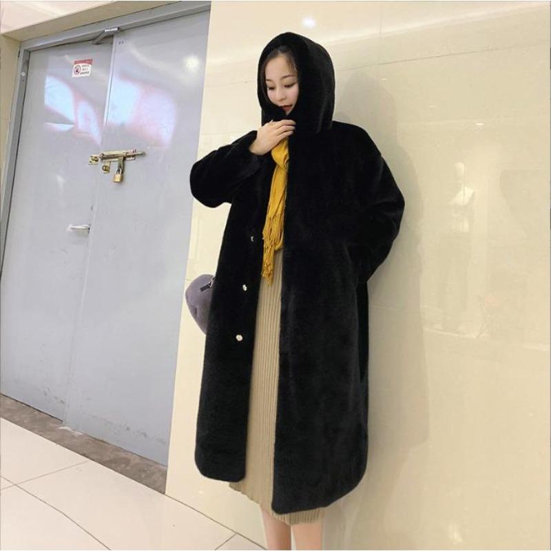 Women's Winter Mink Fur Plush Thick Plush Loose Hooded Jacket Thickened Fur Loose Coat XS-2XL