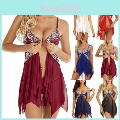 Svědivé dámské sexy krajkové babydoll noční košilka nadměrných velikostí s hlubokým výstřihem do V a průhlednou síťovinou
