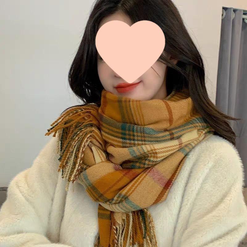Korean Style Plaid Double-Sided Warm Thick Scarf for Couples and Students, Versatile Autumn/Winter Neck Warmer Shawl