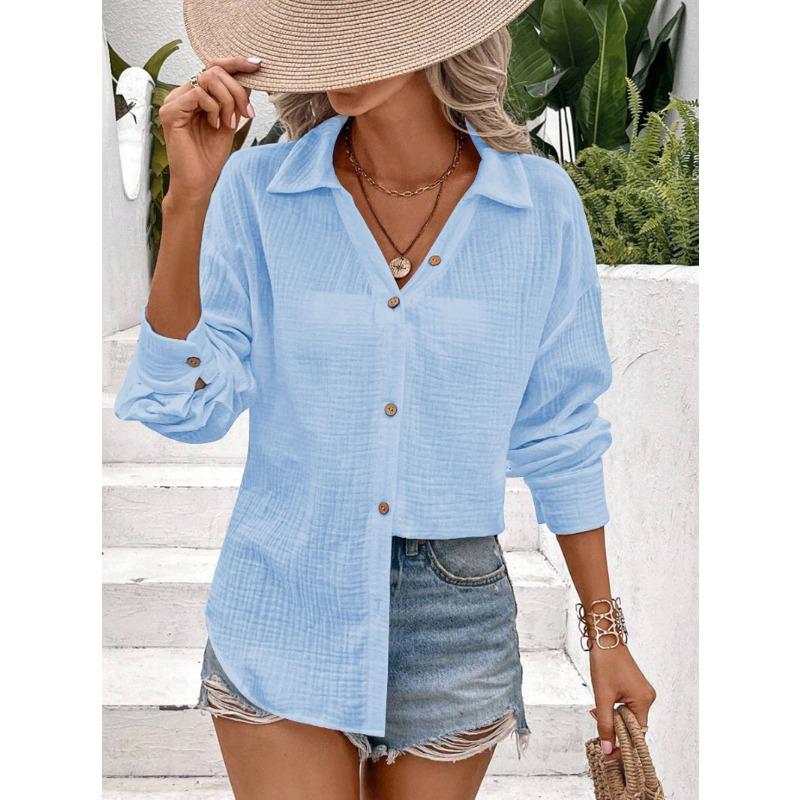 

Женская блузка с двойным слоем и мятой фактурой, осенняя, однотонная, с лацканами, свободного кроя, с длинными рукавами, на пуговицах, женский топ 2XL небесно-голубой