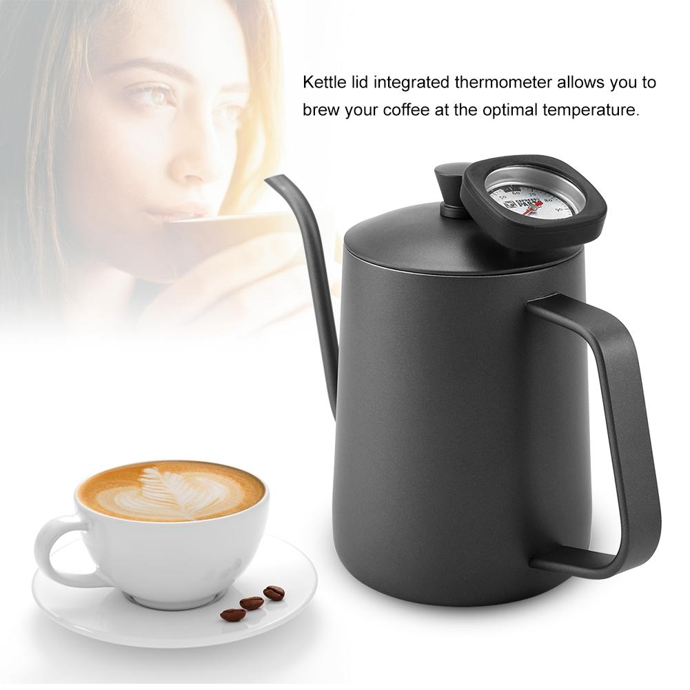 600ml Kaffekanna i rostfritt stål Svanhalsutlopp Tekanna med termometer(Svart)