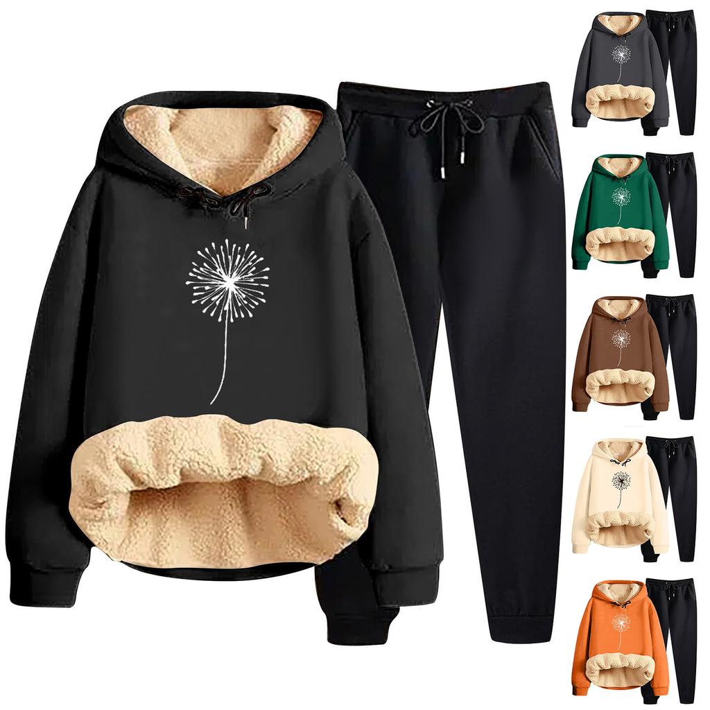 Women's Fashion Printed Padded Thickened Hooded Sweatshirt Casual Two Piece Set