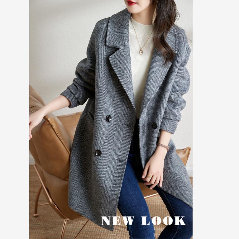 Damski szary płaszcz z mieszanki wełny dwurzędowy średniej długości zimowy jesienny modny ciepły odzież wierzchnia