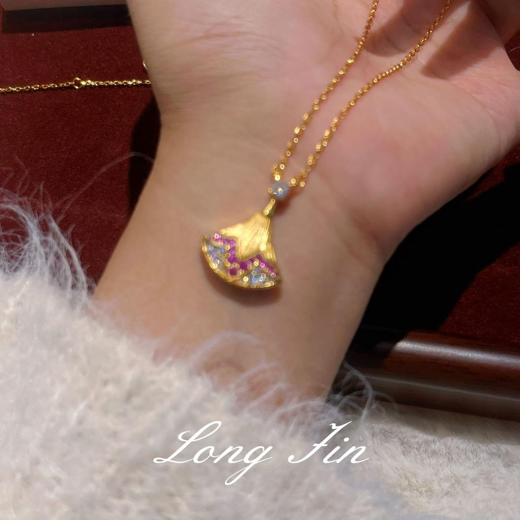 Włoski Naszyjnik Mała Spódniczka Szczotkowana Kształt Wachlarza Stopniowa Zmiana Różowe Diamentowe Kolczyki Sztyfty Zestaw Wisiorek Prawdziwe Złocenie