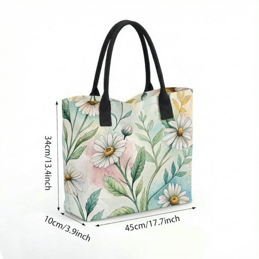Watercolor Daisy Print Canvas Tote Bag Large Capacity Casual Daily Shoulder Handbag for Women Outdoor Shopping Travel