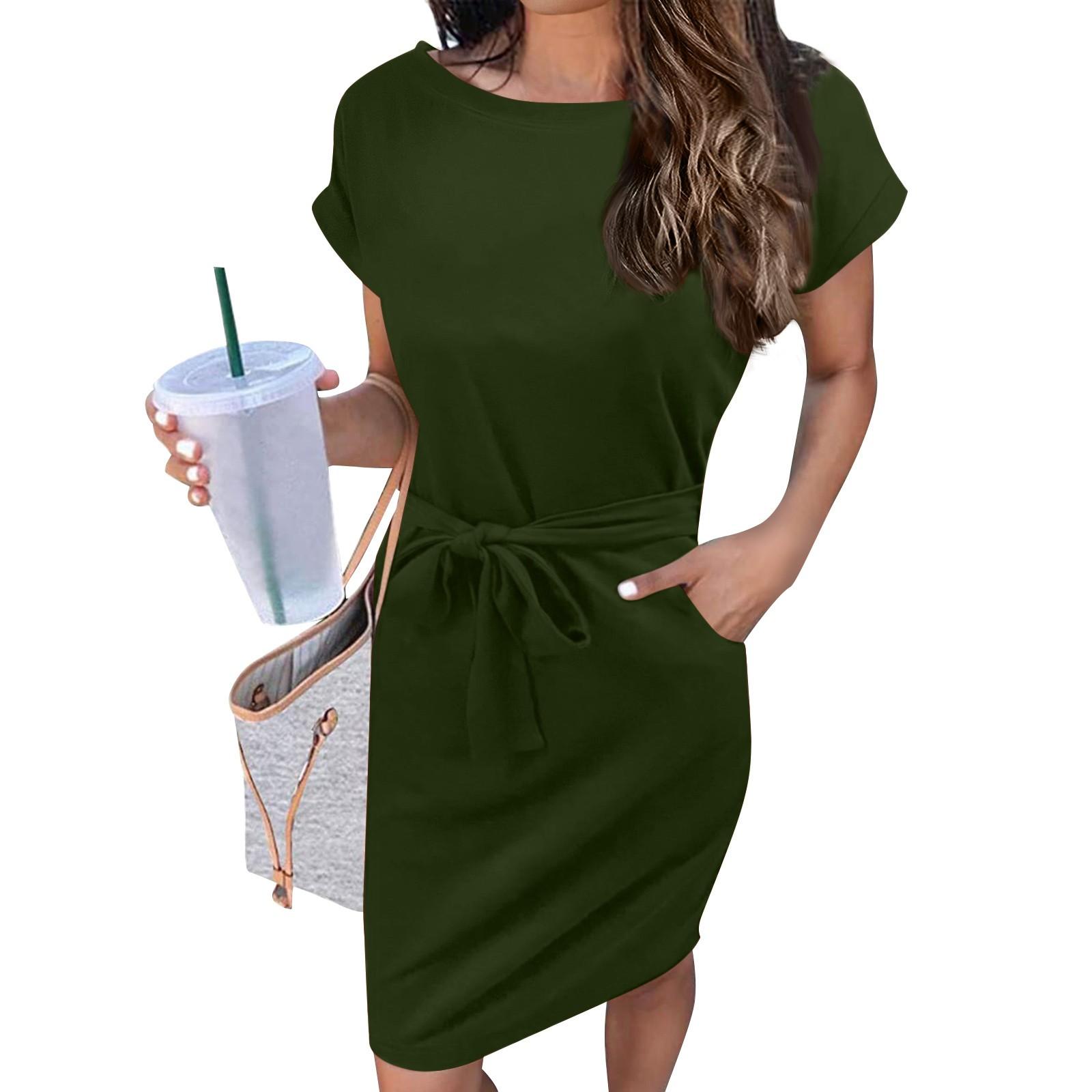 Ladies Casual Fashion Sexy Round Neck Short Sleeve Belted Color Dress S