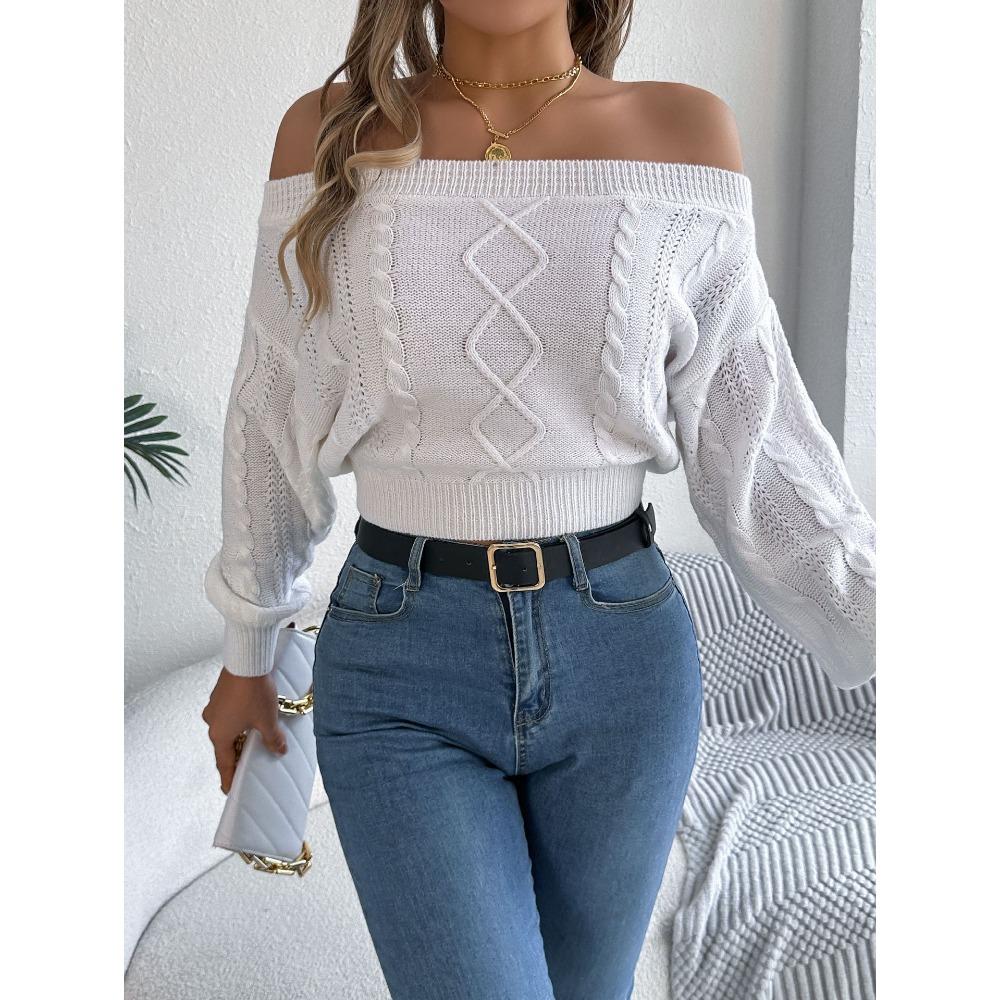 Women's Knitted Sweater Casual Solid Colour Off-the-Shoulder Long-Sleeved Pullover Sweatshirt