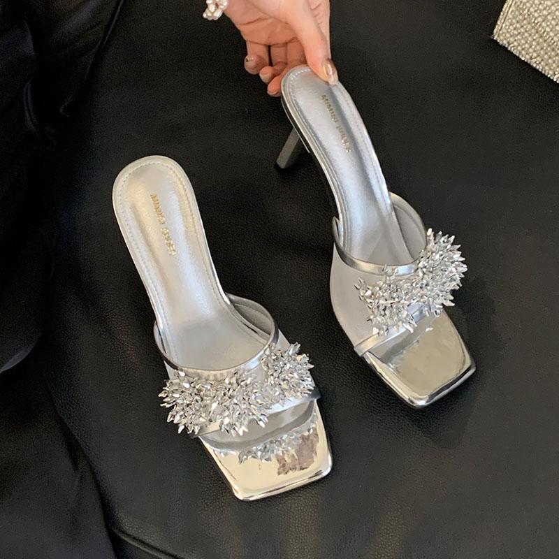 Fashion Fashion Luxury Rhinestones Women Thin Heels Pumps Shoes Slip On Footwear Ladies High Heels Shoes Female Slides Sandals