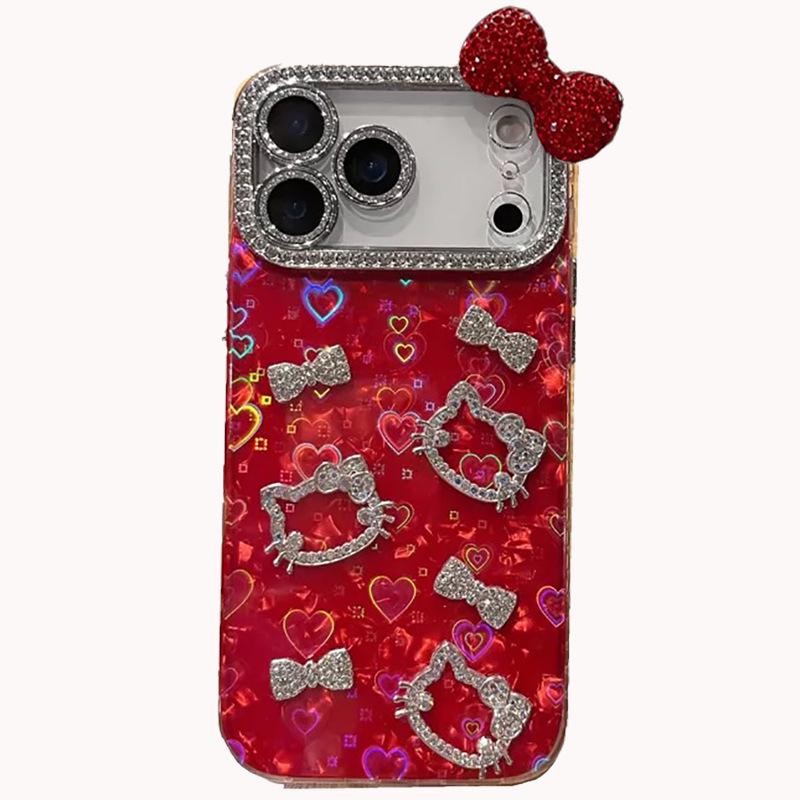 Crystal-Studded Red Frame with Bow for Apple iPhone 17 Pro Max/15 Pro - 3D Rhinestone KT Cat Design