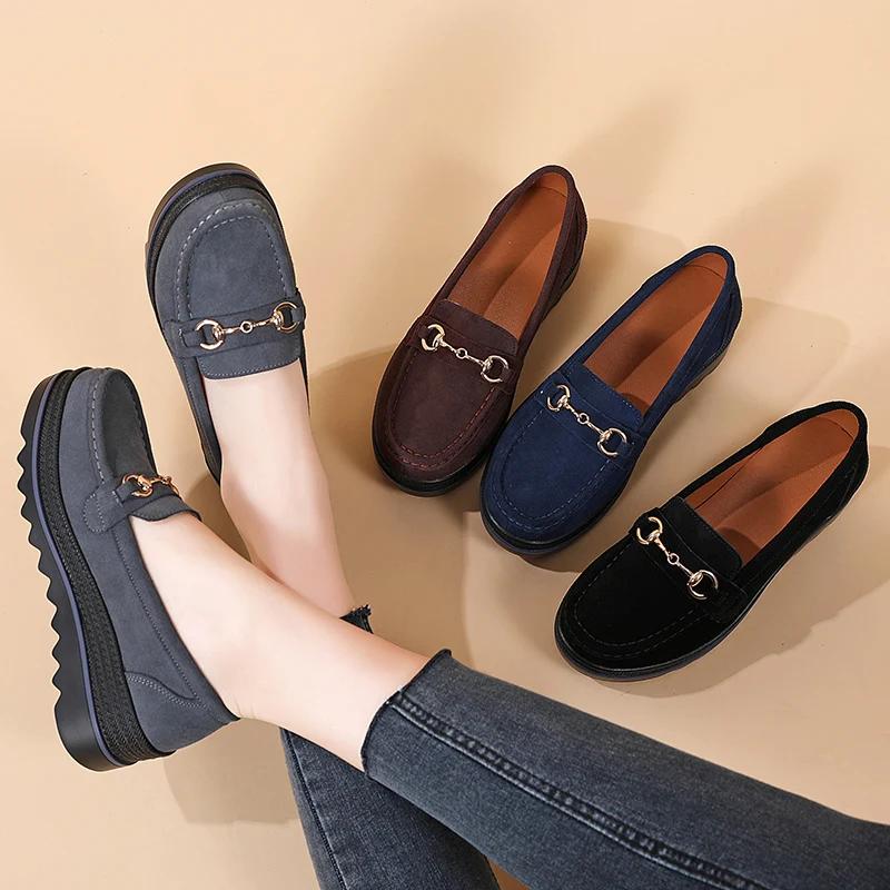 2025 Spring High Quality Women Shoes Light Comfort Flas Platform Shoes Metal Buckle Casual Mother Shoes Wedge Women Loafers
