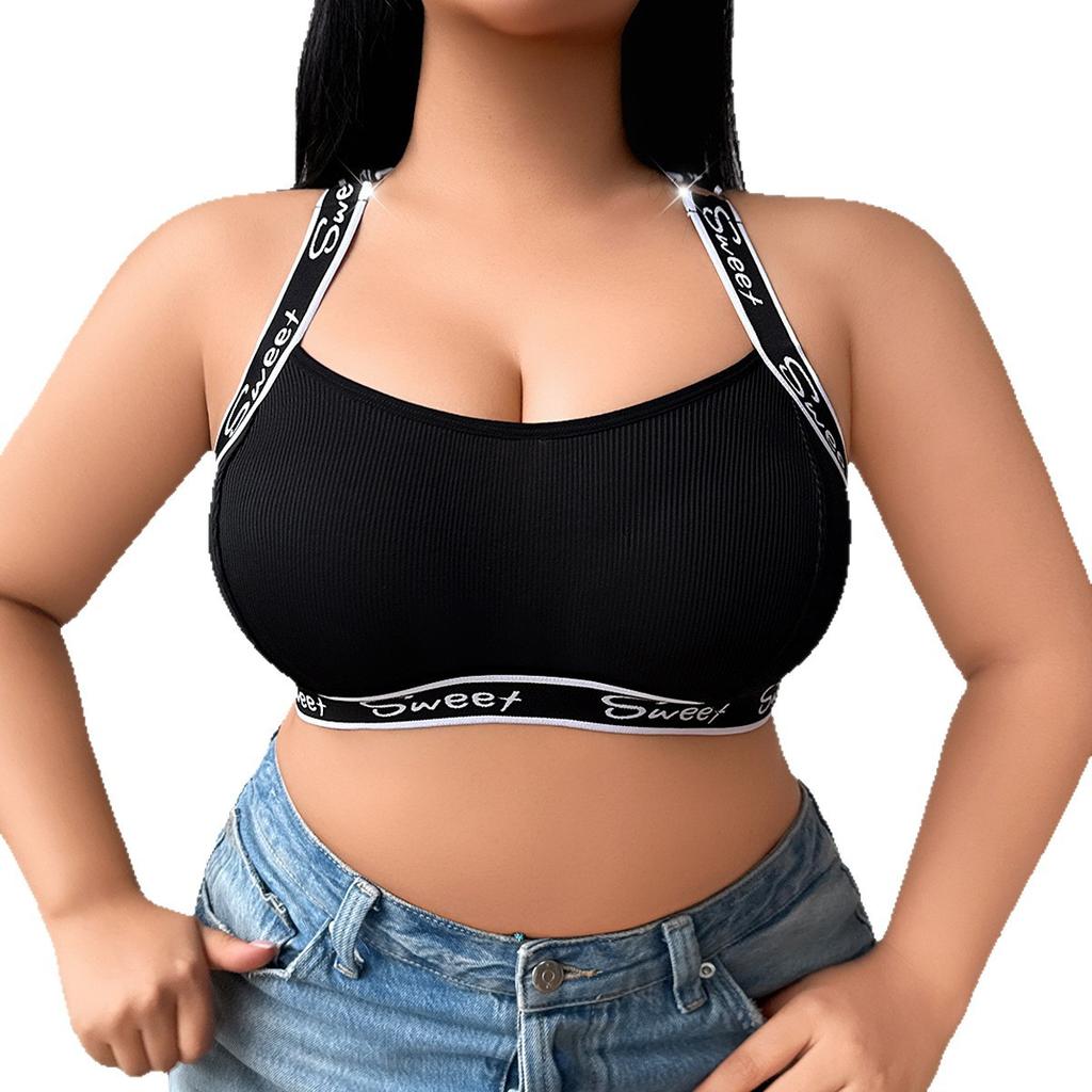 Plus Size Letter Print Ribbed Wireless Sports Bralette