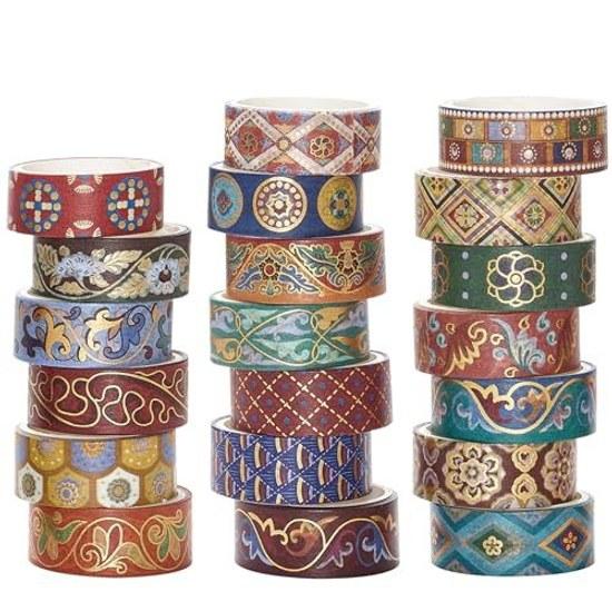 YUBBAEX 20-volume Set Chinese-style Masking Tape Floral Patterngeometric Pattern Washi Gold Foil Decoration DIY Crafts Bullet Journal Planner Card