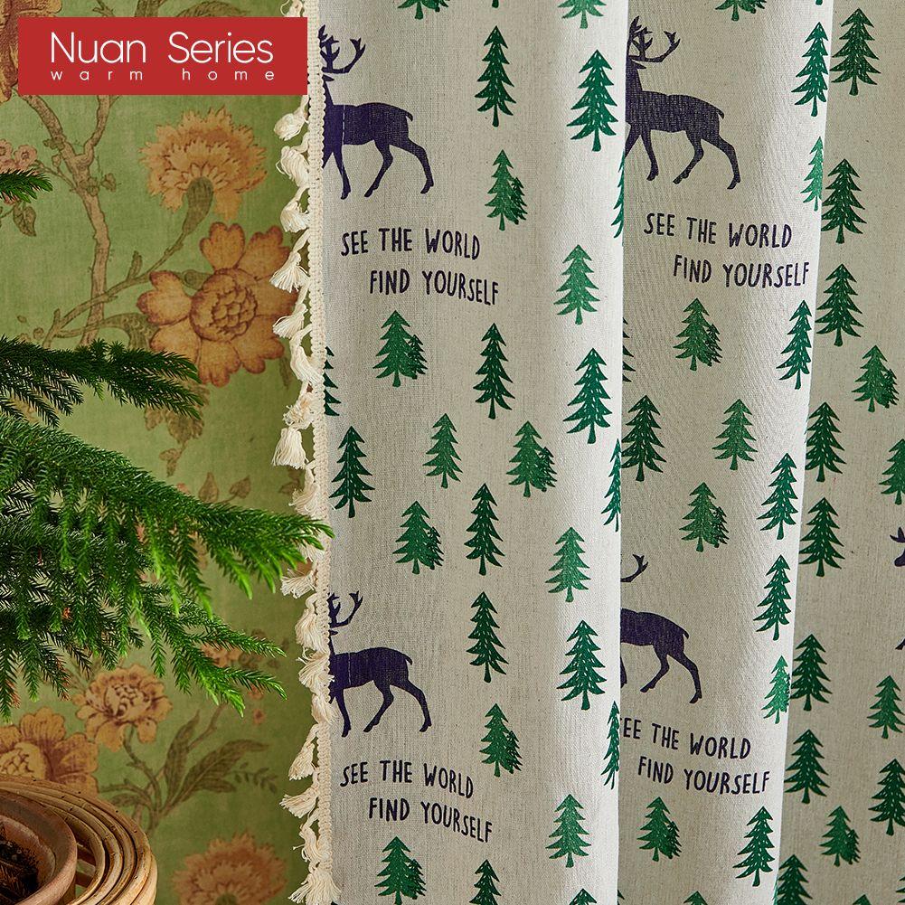 1PC Nuan Series Festival Decorative Curtain Christmas Elk Pattern Cotton Linen Printed Curtains With Tassel For Windows Balcony Home Decor