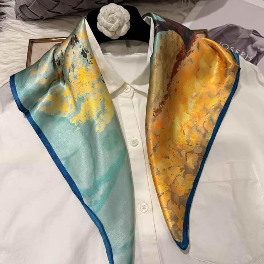 green Women 100% Mulberry Silk Scarf For Hair Headscarf Spring Fall Elegant Floral Small Silk Square Neck Scarves Neckerchief