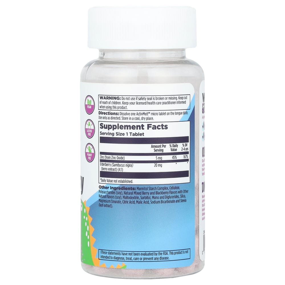 KAL Dinosaurs Zinc Elderberry ActivMelt Berry Blend Micro Tablets, 90 Count