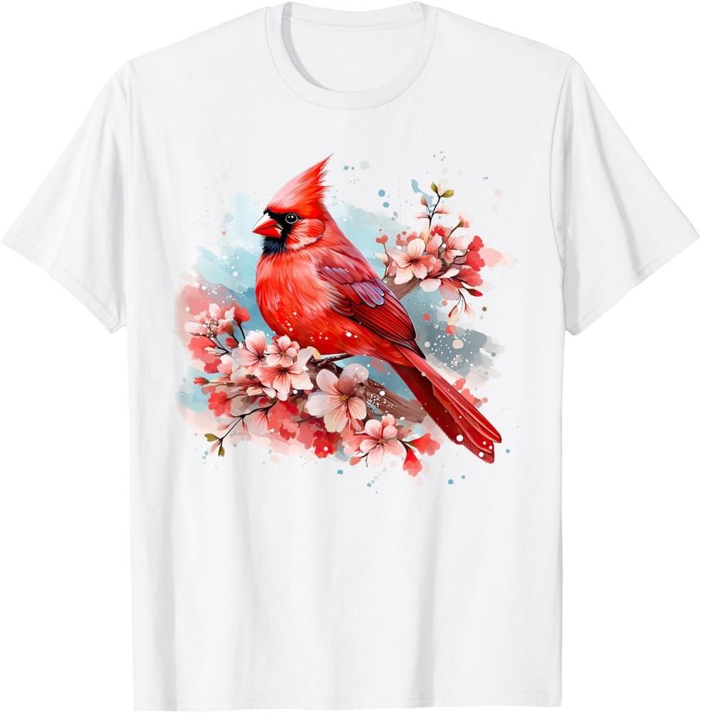 

Watercolor Red Cardinal Floral Birdwatching Vintage Birding Gift Unisex T-Shirt L