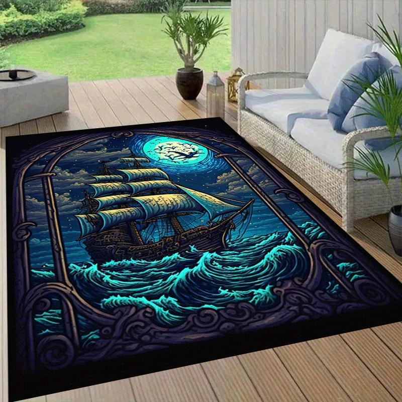 1pc Boat Pattern Area Rug Soft Flannel Floor Mat for Living Room, Bedroom and Office, Sofa Coffee Table Floor Mat, Machine Washable