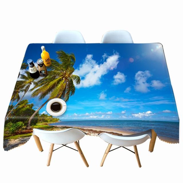 Thicken Cotton Tablecloth Sunset Seascape Pattern Island Coconut Tree Rectangular Round Table Cloth For Wedding Picnic Party