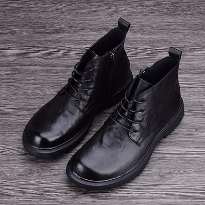 Men's Cowhide Autumn and Winter Martin Fashion Leather Casual Mid-top High-top Leather Shoes Trendy Leather Boots Short Boots Round Head Short Boots