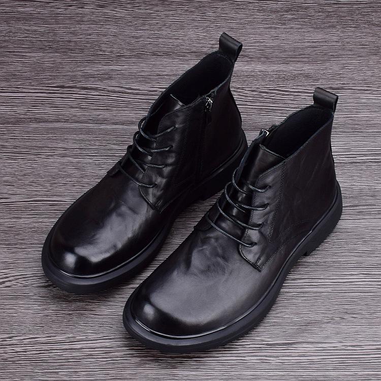 Autumn and Winter Velvet Martin Boots Men's Genuine Leather Cowhide High-top Casual Leather Boots Leather Shoes Non-slip and Wear-resistan Thin Velvet