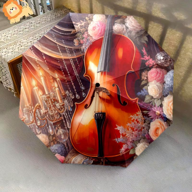 1pc Music Theme Pattern Umbrella Portable Folding Umbrella Iron Frame Hole Bone Structure Outdoor Home Umbrella