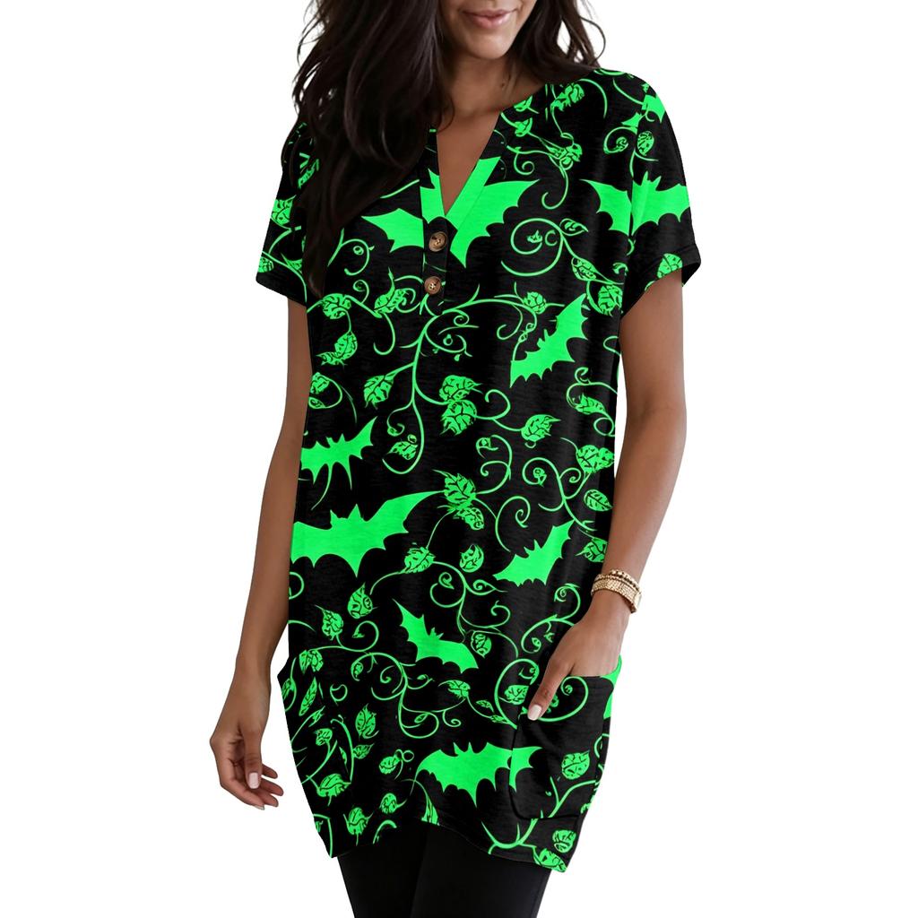 Women V Neck Pullover Top with Halloween Themed Print Short Sleeve Tunic Shirt Casual Loose Fit with Pocket Design