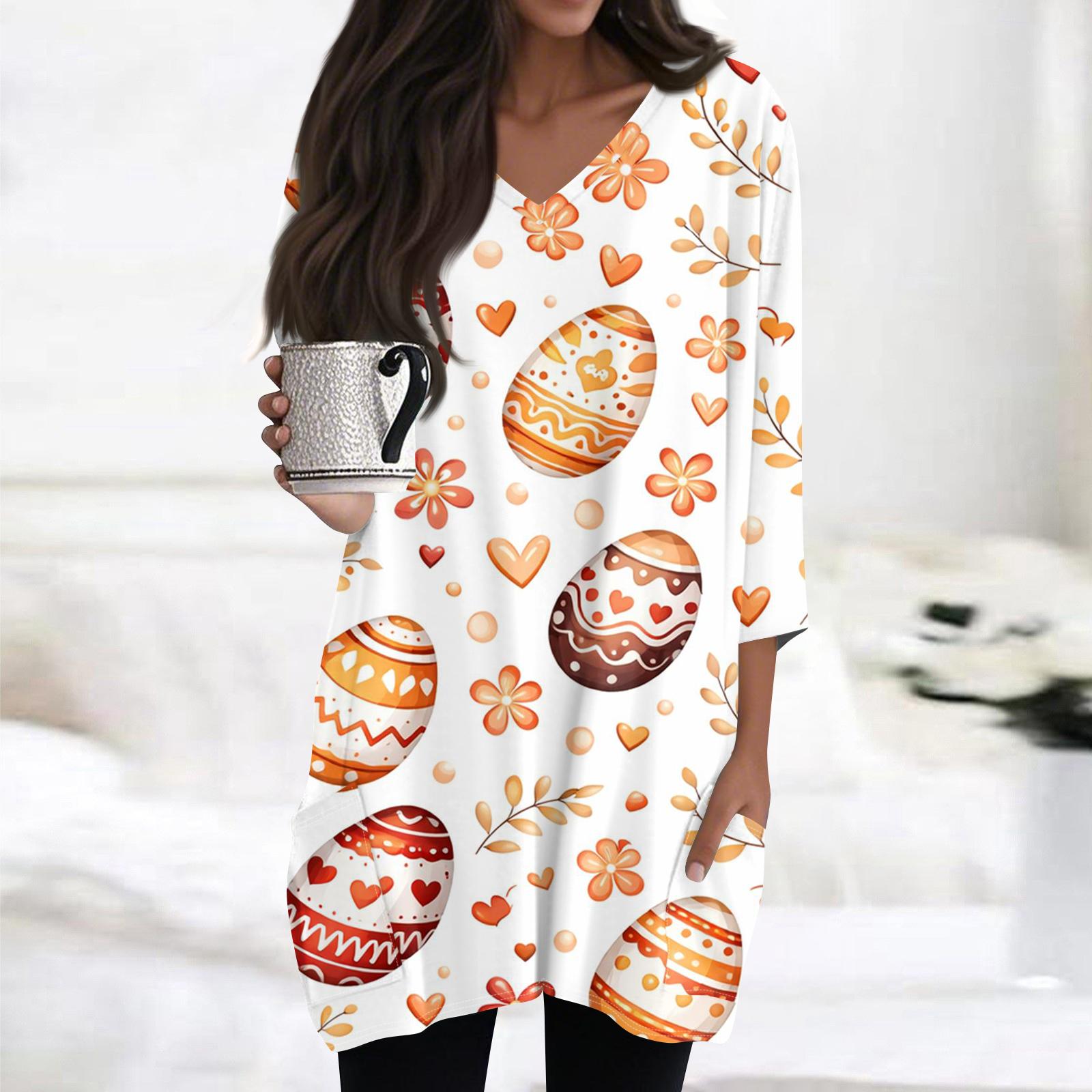 

Женские топы с V-образным вырезом и рукавом 3/4 Блузки Повседневные рубашки средней длины Модные принты Туники Топы с карманами L коричневый