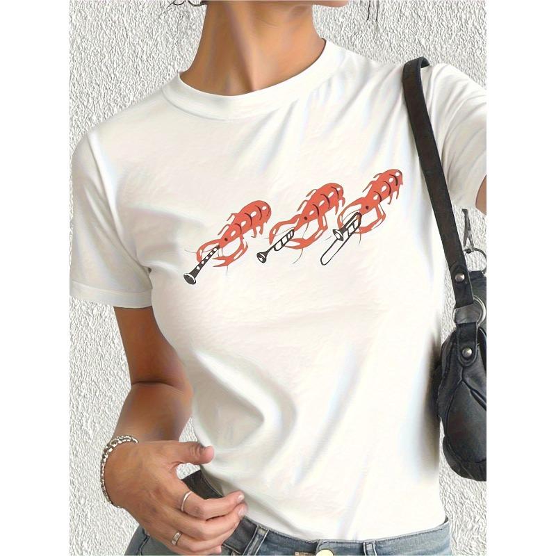 Wo S Retro Lobster Graphic T-Shirt | White with Red Lobster Print, Soft Breathable Fabric, Loose Fit Casual Tee, Machine Washable, All-Season Comfort, S белый