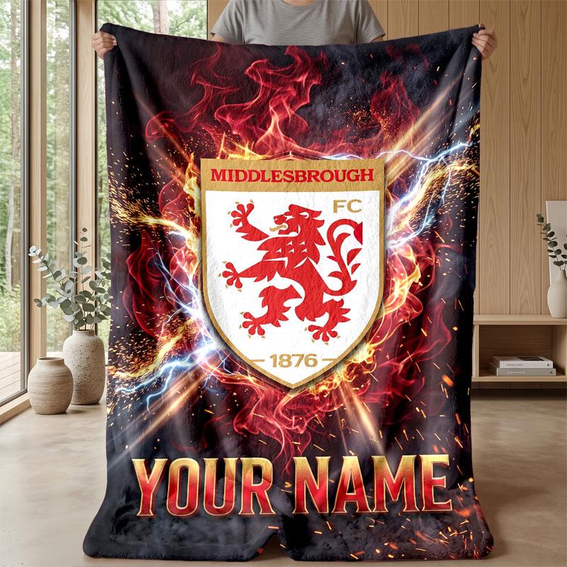 Middlesbrough FC Custom Name Text Flannel Blanket Soccer Logo Personalized Fleece Throw Blanket Special Gift For Sofa Bedroom Home