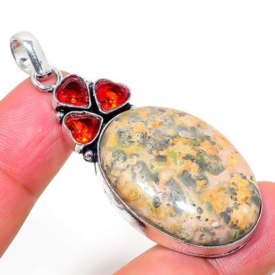 Natural Leopard Skin, Garnet Gemstone 925 Sterling Silver Pendant 2.25" M3t13