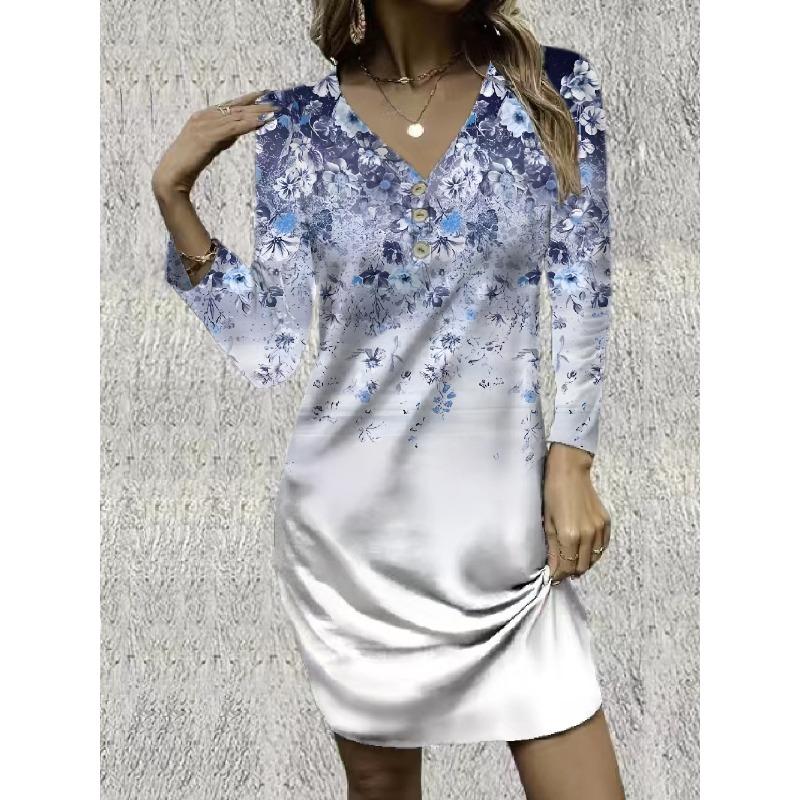 QICED Fashion Autumn Winter Long Sleeve V-Neck Casual Dresses