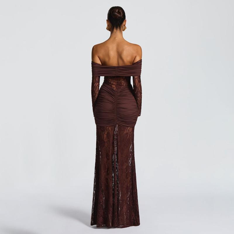 European and American Autumn Temperament Perspective Lace Long Fashion Sexy Sleeveless Backless Slim Fit Dress