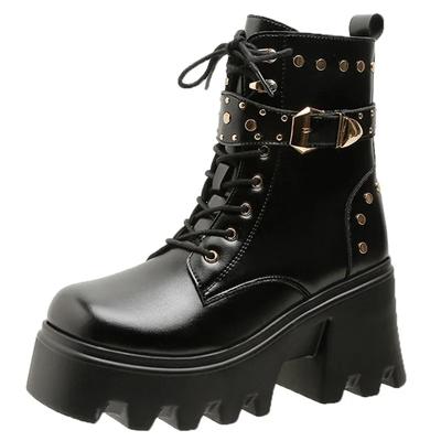 Fashion 9CM High Platform Warm Ankle Boots Women 2024 Autumn Winter Non Slip Combat Punk Fur Shoes Woman Buckle Leather Motorcycle Boots