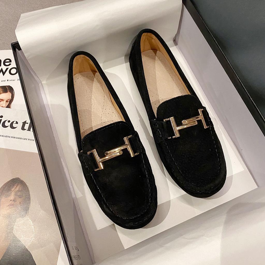 Fashion 2025 Brand Metal Buckle Mocasines Women Genuine Leather Shoes Pigskin Loafers Femmes Slip On Cow Suede Flats Woman Shoes Walking