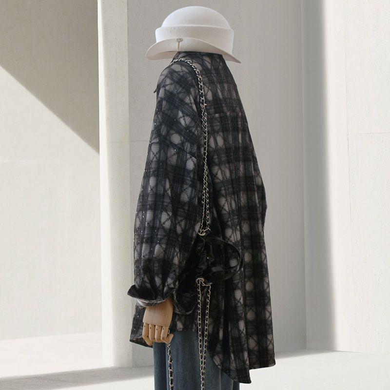 

4 U4u Black Pattern Long Sleeves Shirt Female Early Autumn New Arrival Sweet Cool Wind Sequin Gauze Loose Casual Outerwear Shirt Black Check One size